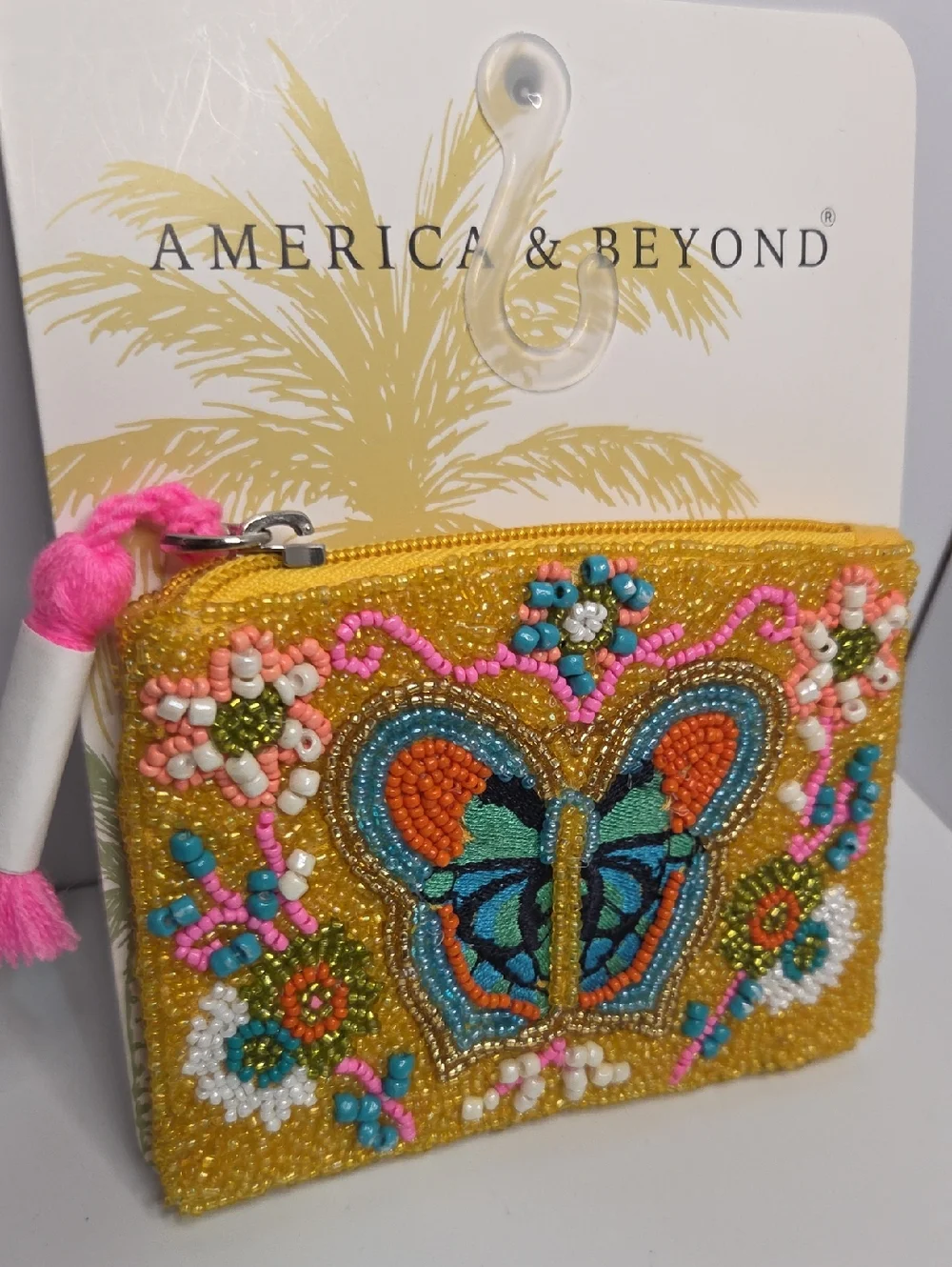 💛▪️America & Beyond▪️ Yellow Beaded Butterfly Coin Purse with Pink Tassel